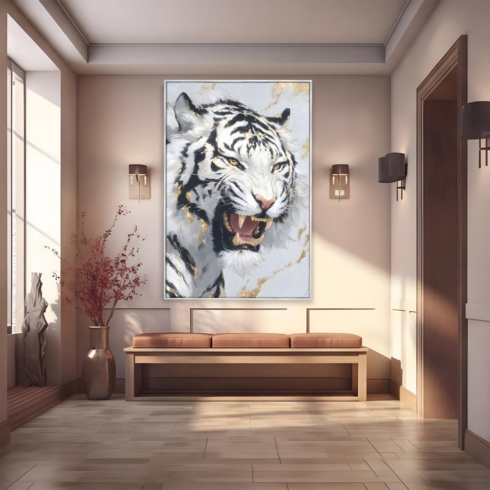 Tablou canvas cu tablou canvas cu tigru alb si auriu, in rama de aluminiu argintiu